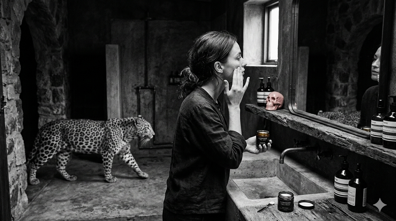 Person applying makeup in a bathroom with a leopard in the background, dark and moody aesthetic